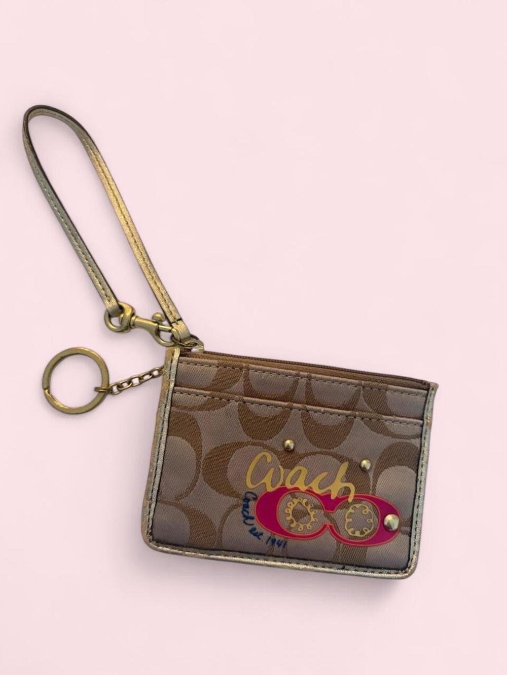 Coach Brown Signature Card Holder Wristlet with Gold Accents and Pink Detail